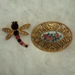 Avon Gold-Tone Floral Porcelain & Dragonfly Brooch Set - Pink/Gold